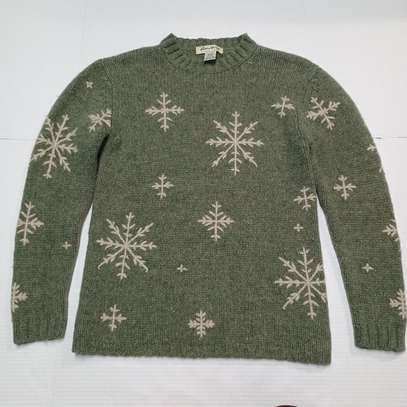Eddie Bauer Women's Green Snow Flake 100% Wool Sweater Xs Petite - Picture 1 of 6